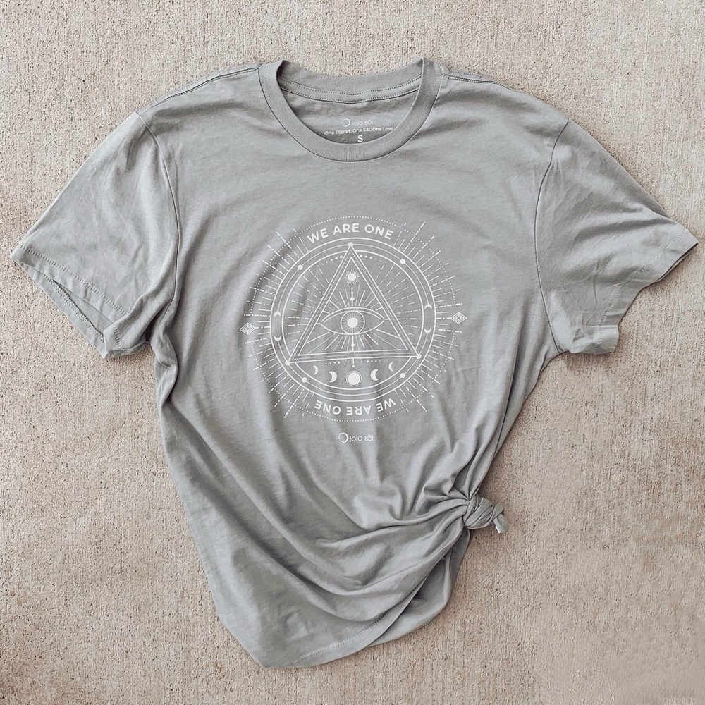 100% Organic Cotton Grey T-Shirt. Spiritual Yoga Boho. Large and X-Large Sizes